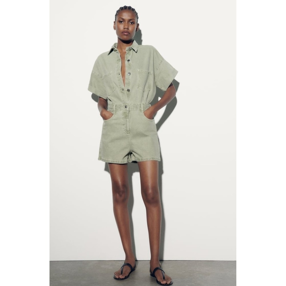 Zara Y2K Utility Romper Festival Green Denim Shorts Cotton Retro Over Size M - Picture 2 of 6